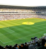 A large soccer stadium filled with a cheering crowd. The field is well-maintained with vibrant green grass, and players can be seen scattered on the pitch. The atmosphere is lively and bustling, typical of a sports event.
